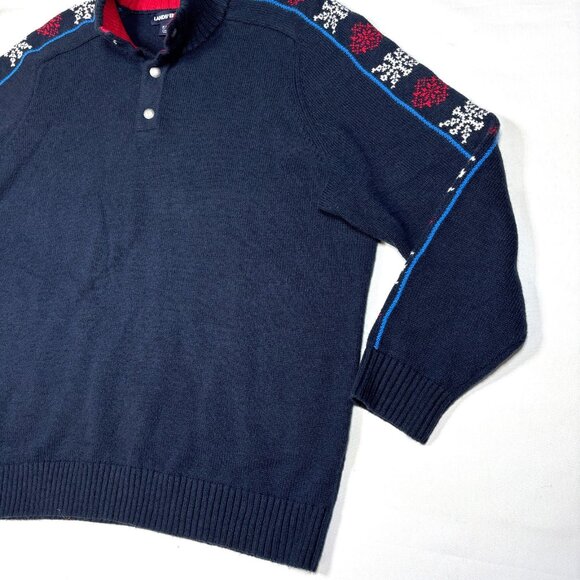 Lands End Wool Blend Fair Isle Nordic Snowflake 1/4 Button Knit Sweater Mens XL - Picture 2 of 11